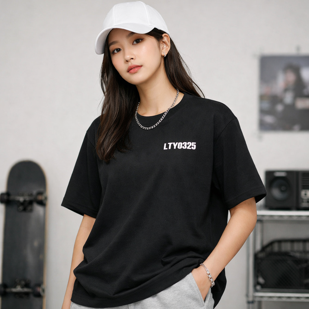 LTY0325 여성 세미 오버 반팔 티셔츠 (블랙)