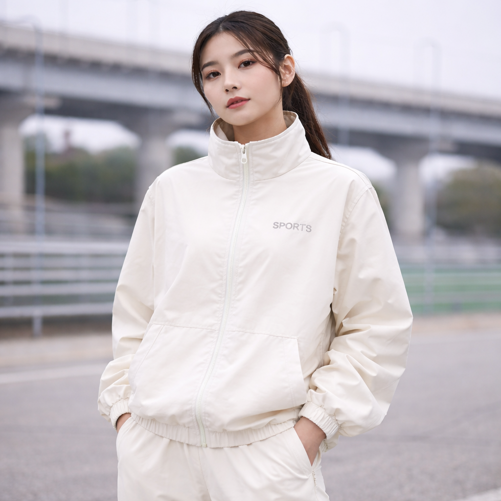 XODUD1202 여성 스포츠 바람막이 셋업 나일론 우븐 자켓 (아이보리)