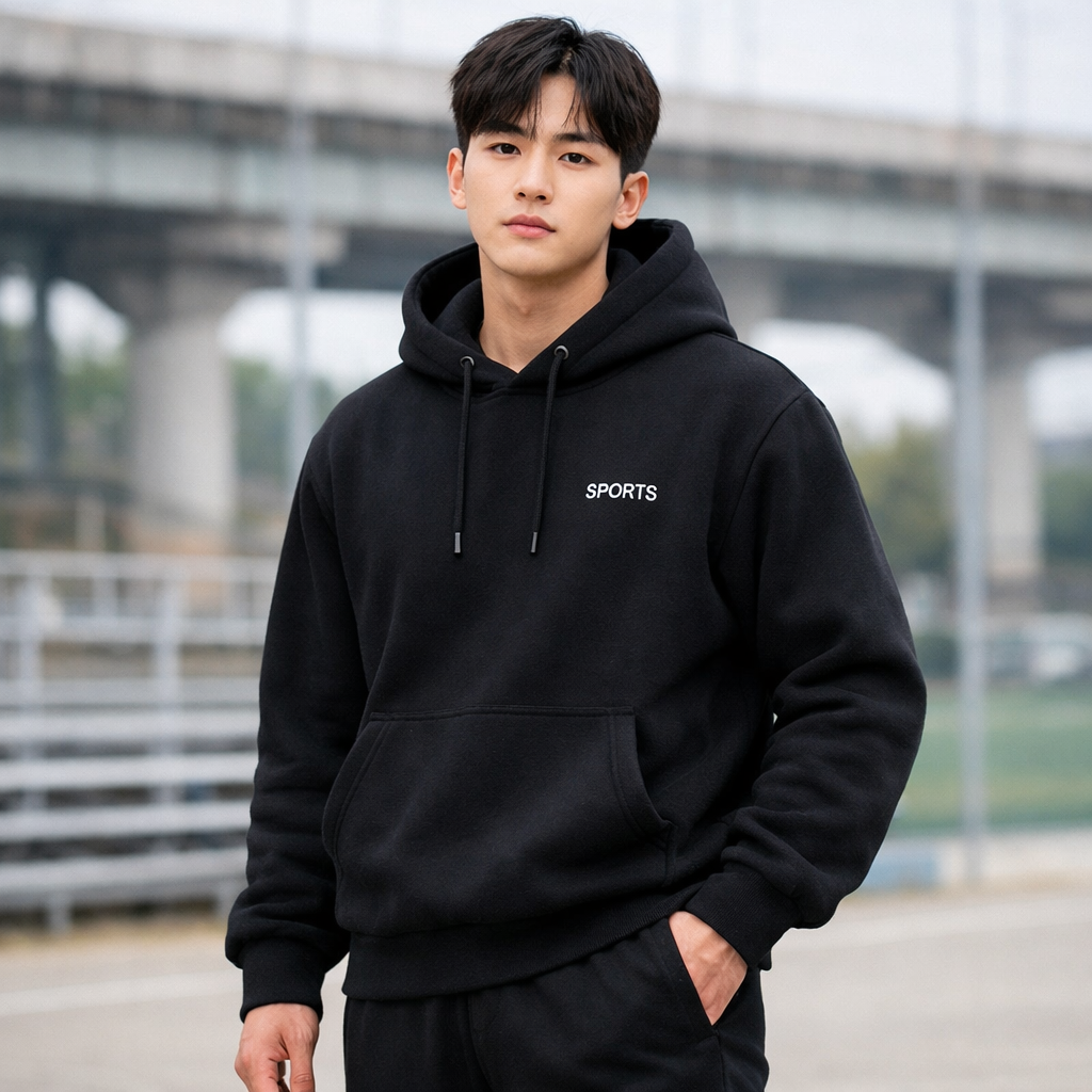 XODUD1202 유니 스포츠 에센셜 기모 이지웨어 후드 (블랙)