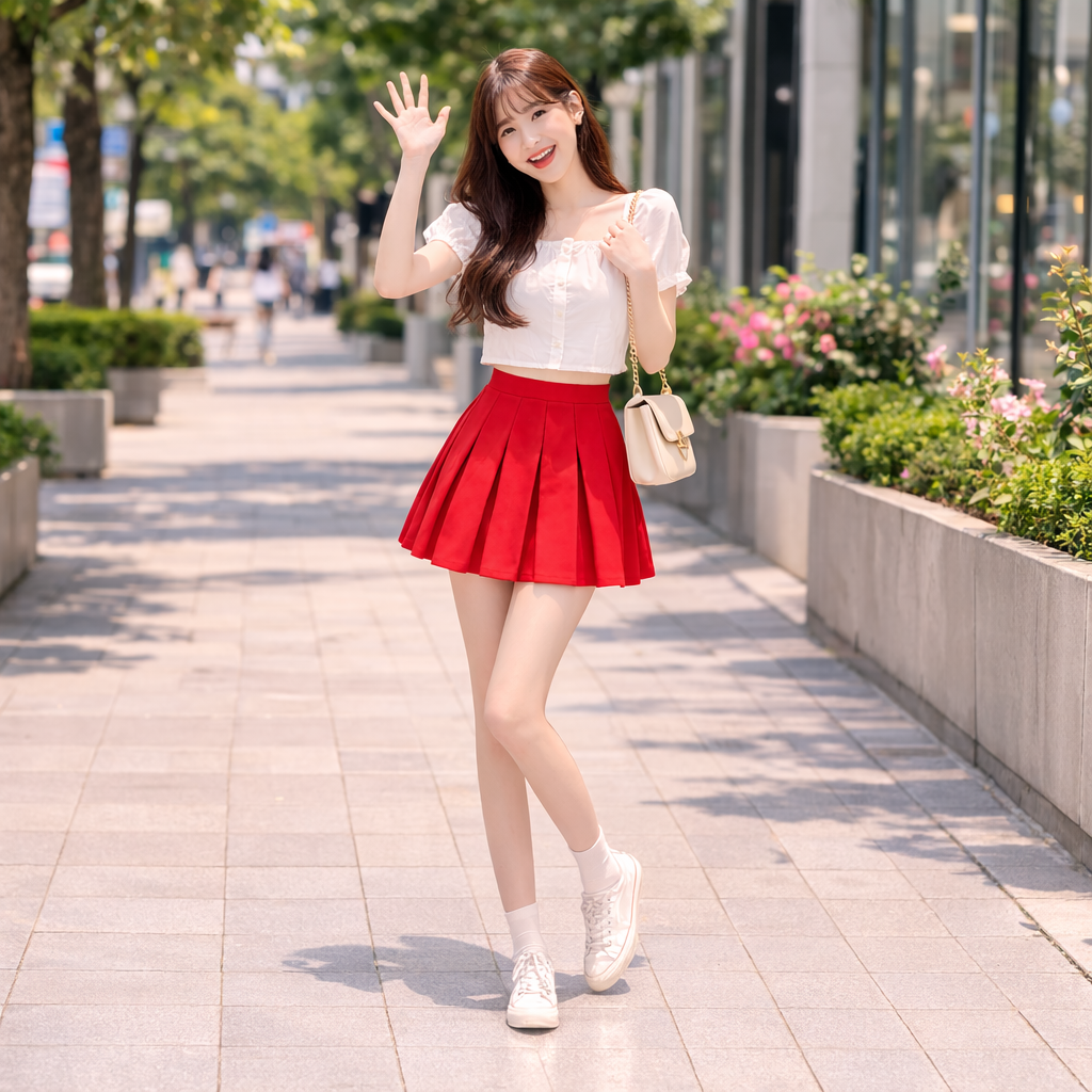 BARGE 여성 맞주름 플리츠 스커트 (레드)