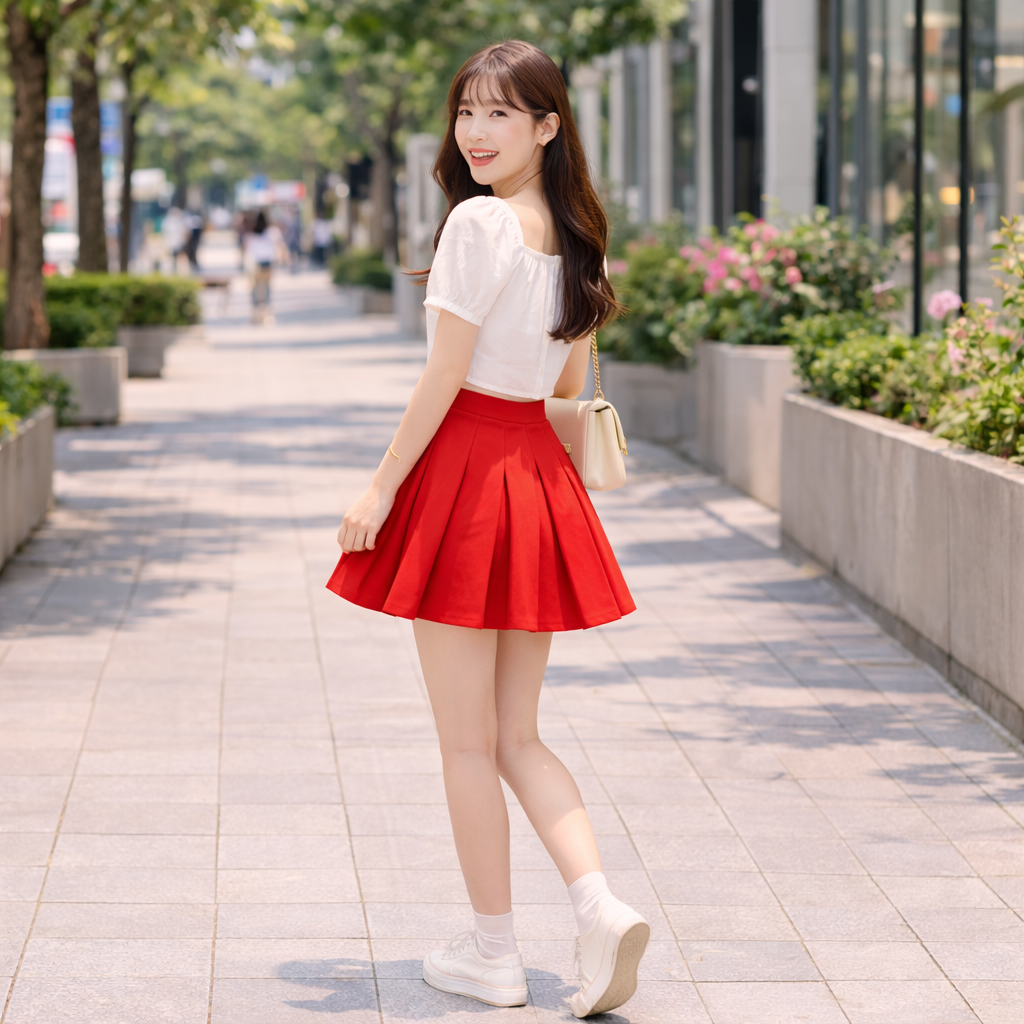 BARGE 여성 맞주름 플리츠 스커트 (레드)