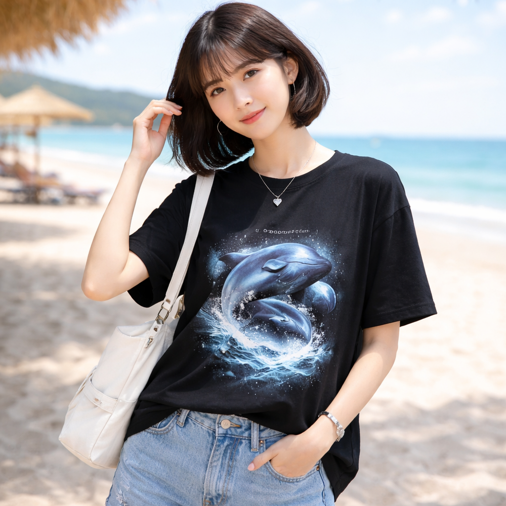 xodud1202 여성 돌고래 프린트 반팔 티셔츠 (블랙)