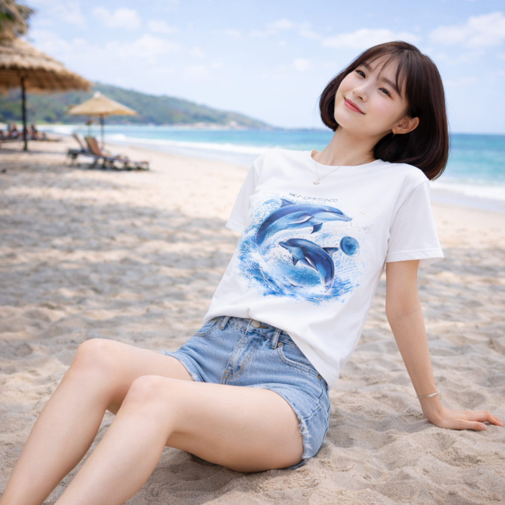 xodud1202 여성 돌고래 프린트 반팔 티셔츠 (화이트)